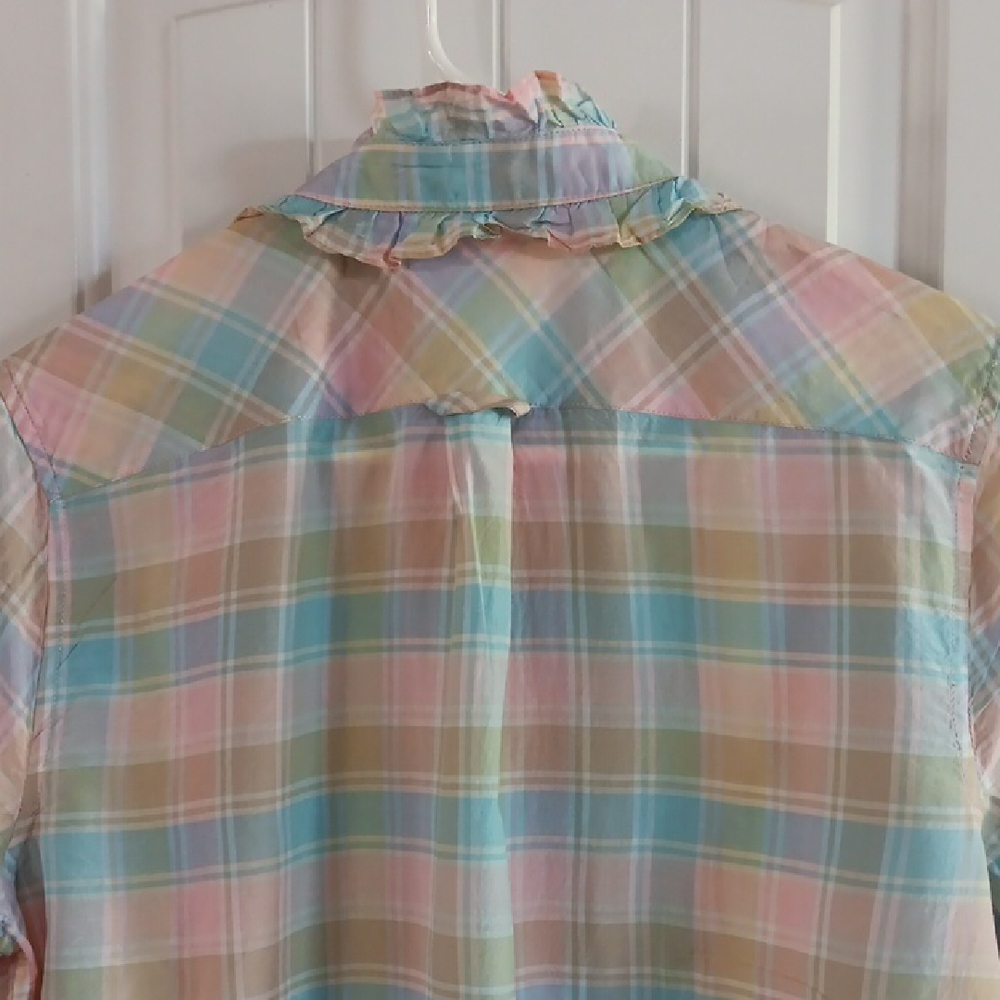 J.Crew Classic-Fit Cotton-Silk Voile Ruffleneck Shirt in Pastel Plaid.  - Picture 6 of 9